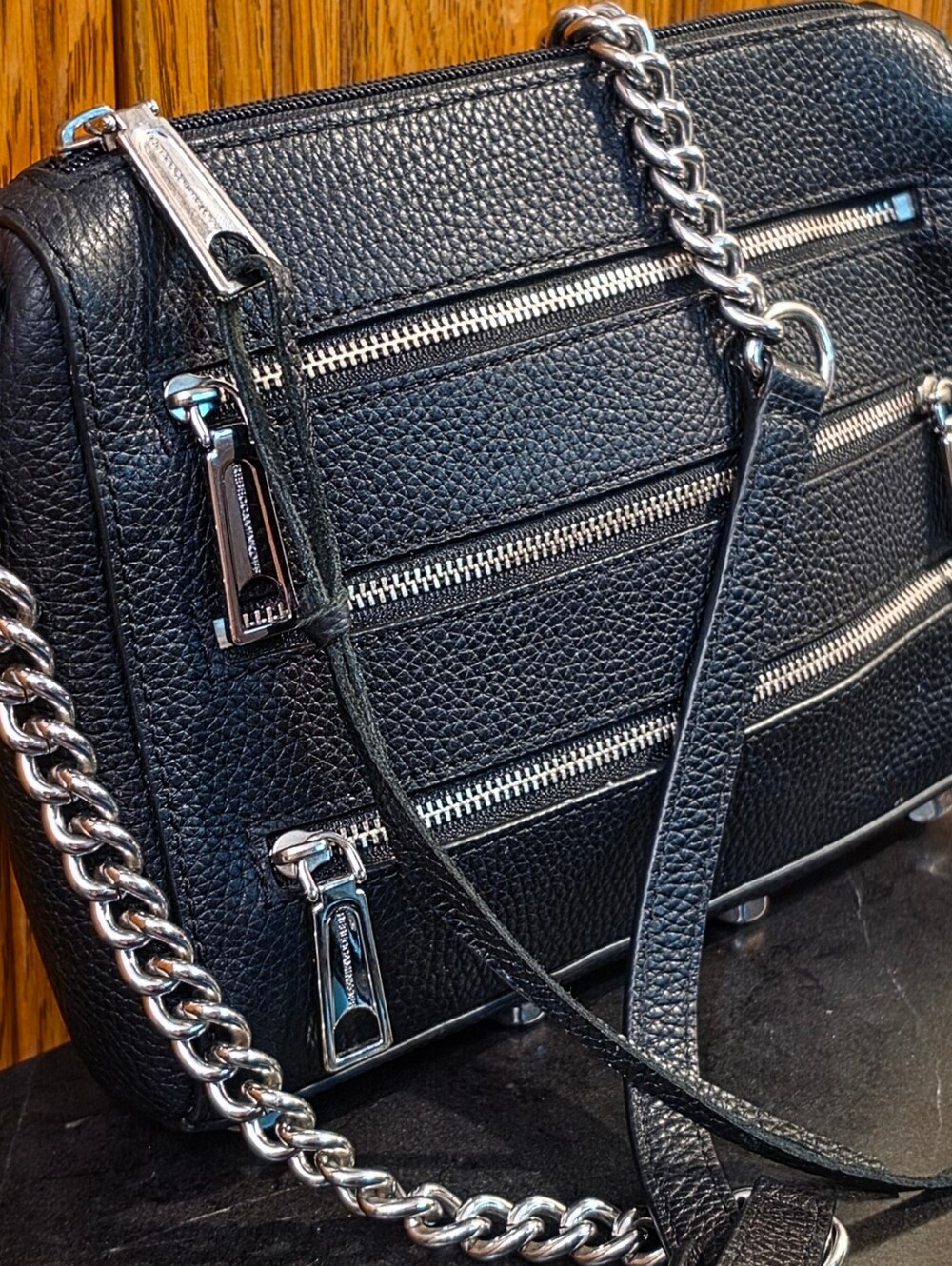 EUC Rebecca Minkoff Black Pebbled Leather Multi Zip Crossbody Bag Silver Chain - Picture 4 of 10